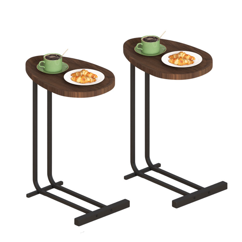 Set of 2 c-shaped side tables in white, modern wood top with metal frame design for sofa and bedside use