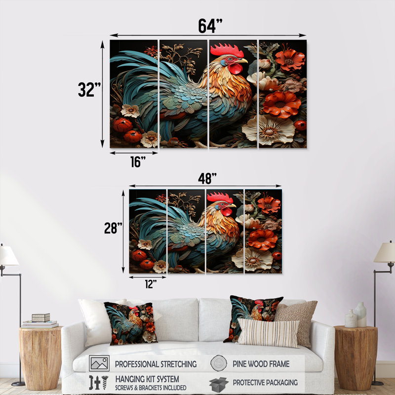 Ensemble de 4 décorations murales Modern Rooster Collage I - Chicken, H 28 po x l 48 po