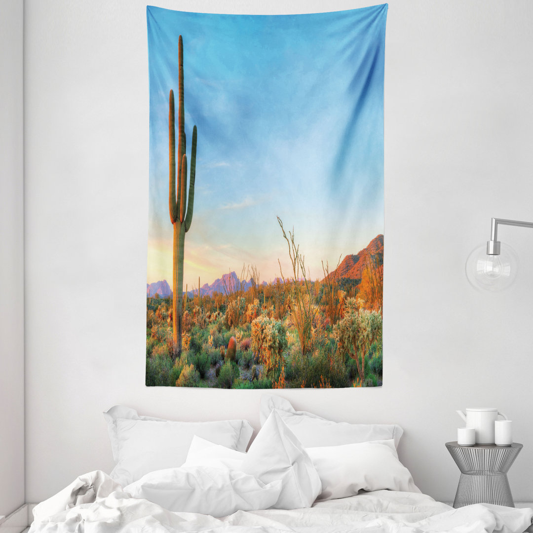 Wandteppich, Sonne in der Wüste Kaktus, Saguaro, Orange Grün Blau