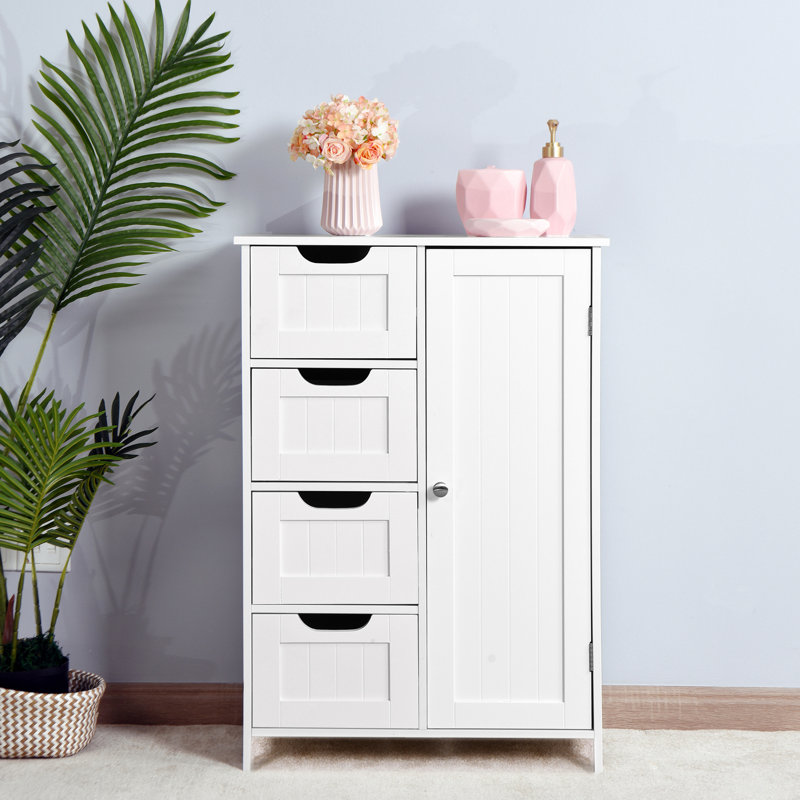 White Bathroom Cabinet With Adjustable Shelf And 4 Slatted Drawers - For Home Use Storage In Drawers,