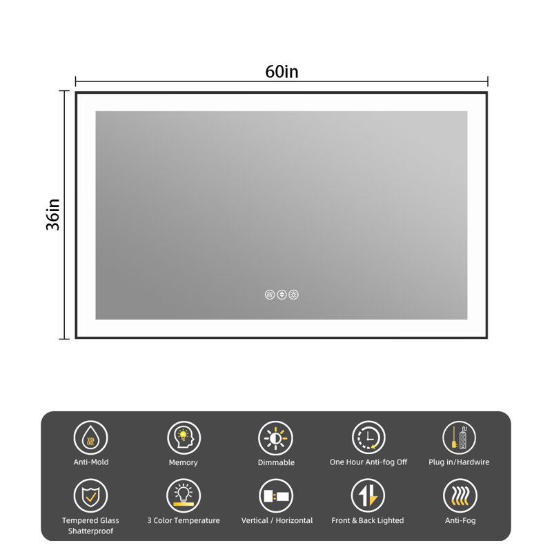 Miroir de salle de bain Lunara, 60 po x 36 po