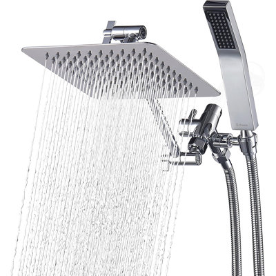 Stainless Steel 8-Inch Dual Square Rain Shower Head With Handheld Wand, Extension Arm And Hose