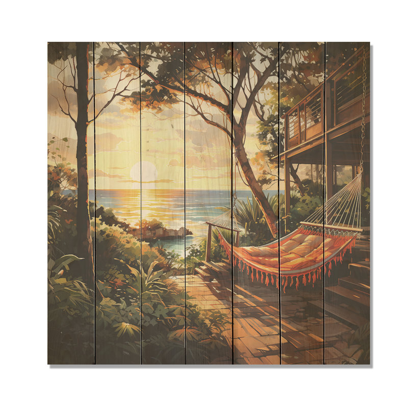 Sunset Hammock By The Beach III - Coastal Tropical On Wood Print, 30" H x 30" W