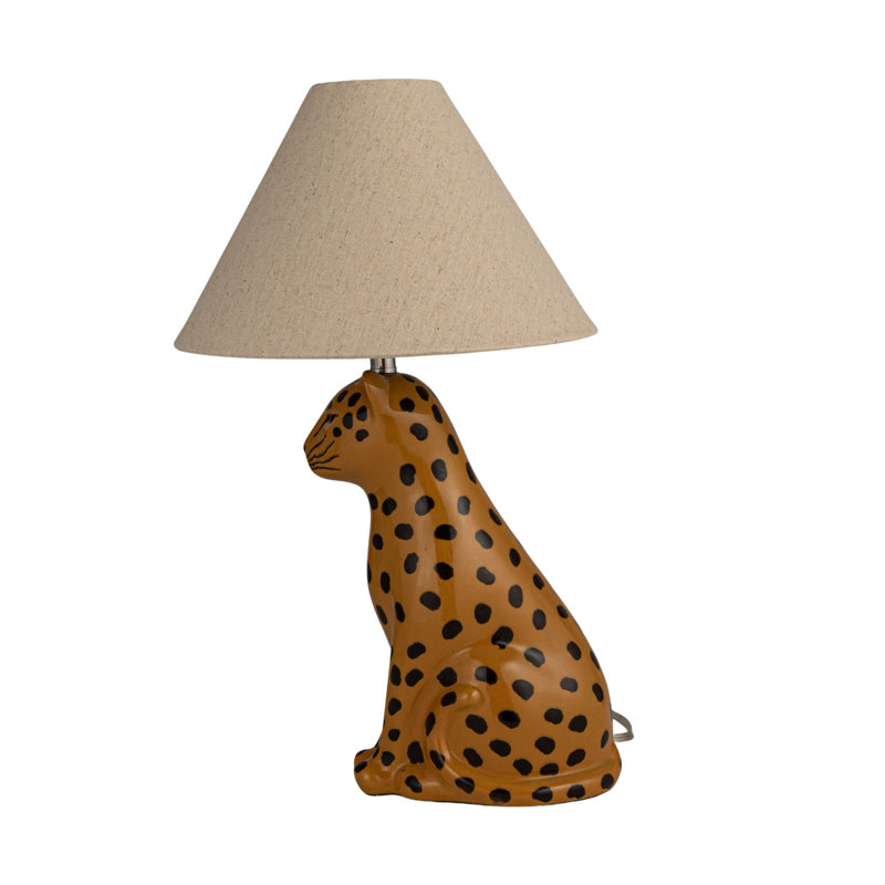 Ceramic Cheetah Table Lamp With Linen Shade And Inline Switch