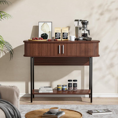 Table d'entrée cannelée, console étroite de 39,4 po avec portes de rangement et coulissantes, table de coin ronde moderne, table d'entrée en bois de style Mid-Century pour le salon, le couloir et la cuisine