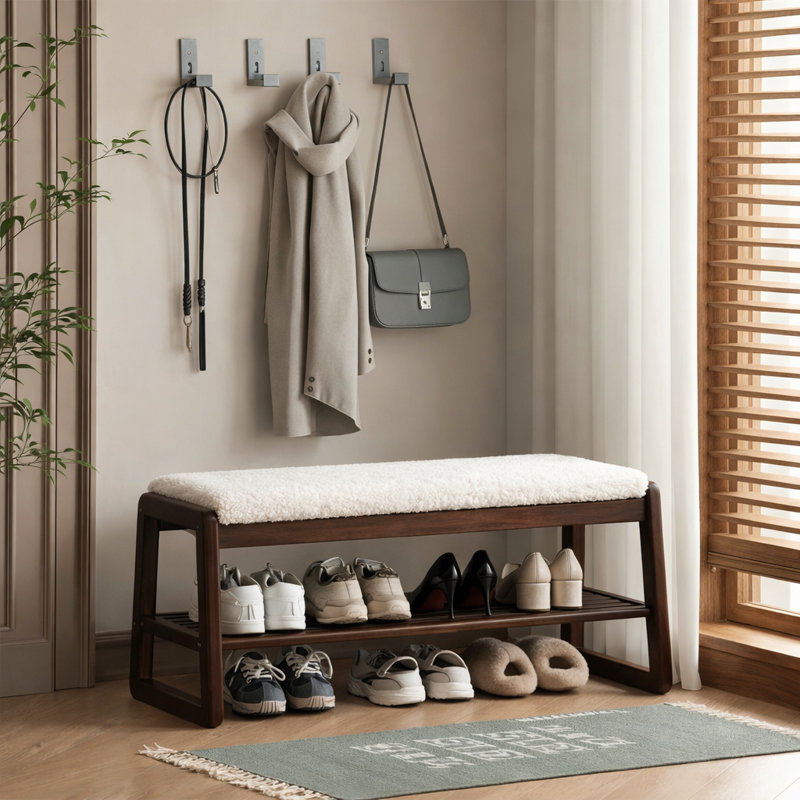  Banc de rangement en bois massif avec coussin et banc de rangement pour hall d'entrée à 2 niveaux, Crème / molleton polaire