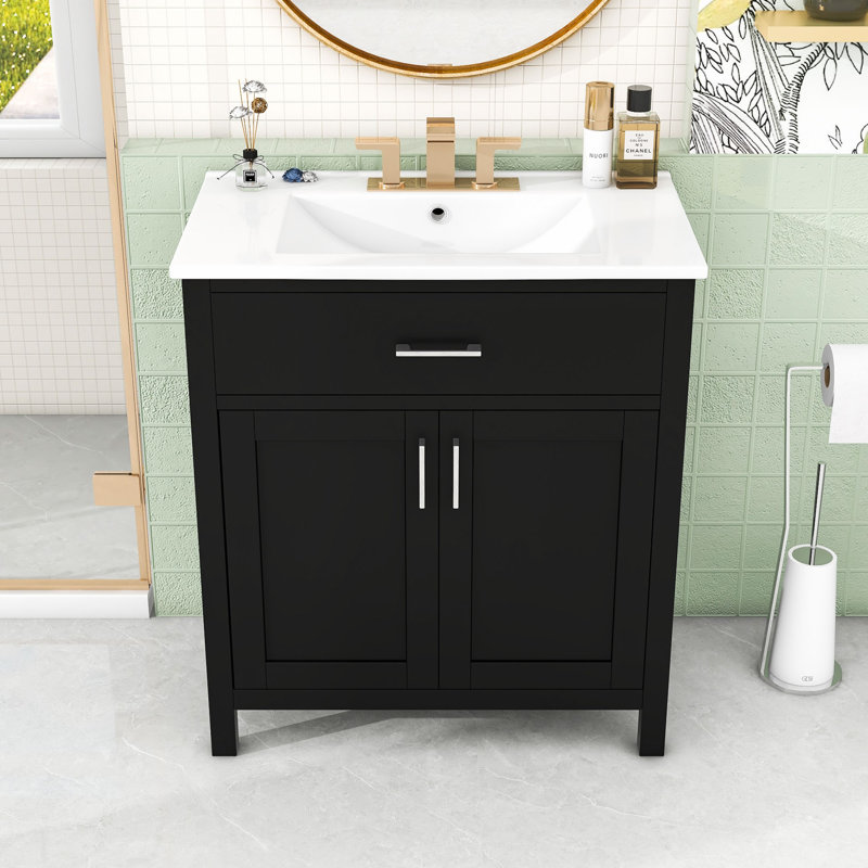 Meuble-lavabo simple autoportant avec lavabo en céramique et grand rangement Eccleston, Noir, noir, noir, noir