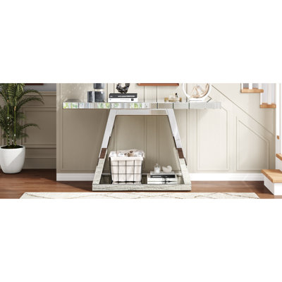 55.9" Modern Luxe Fullbody Mirror Entryway Table With Trapezoid Base – 360° Reflective Console Table, Sturdy Wooden Frame, Scratchresistant Design & Open Storage For Hallway, Living Room, Staircase
