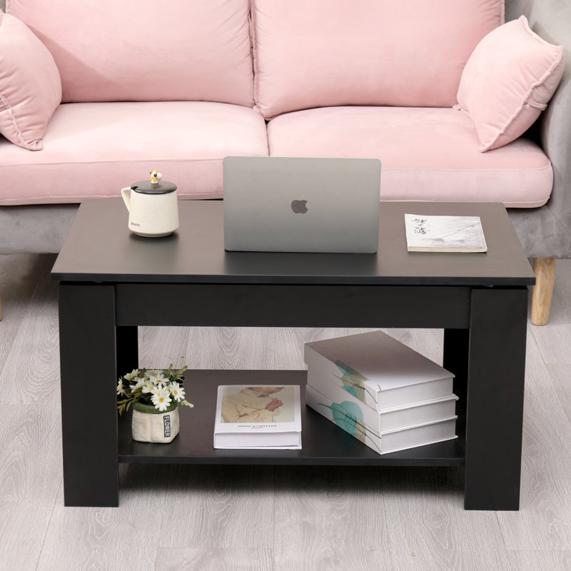Fullington Lift Top Floor Shelf Coffee Table with Storage, Black
