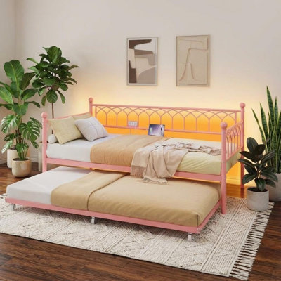 Twin Metal Daybed with Trundle, LED Lights & Charging Station, Pink
