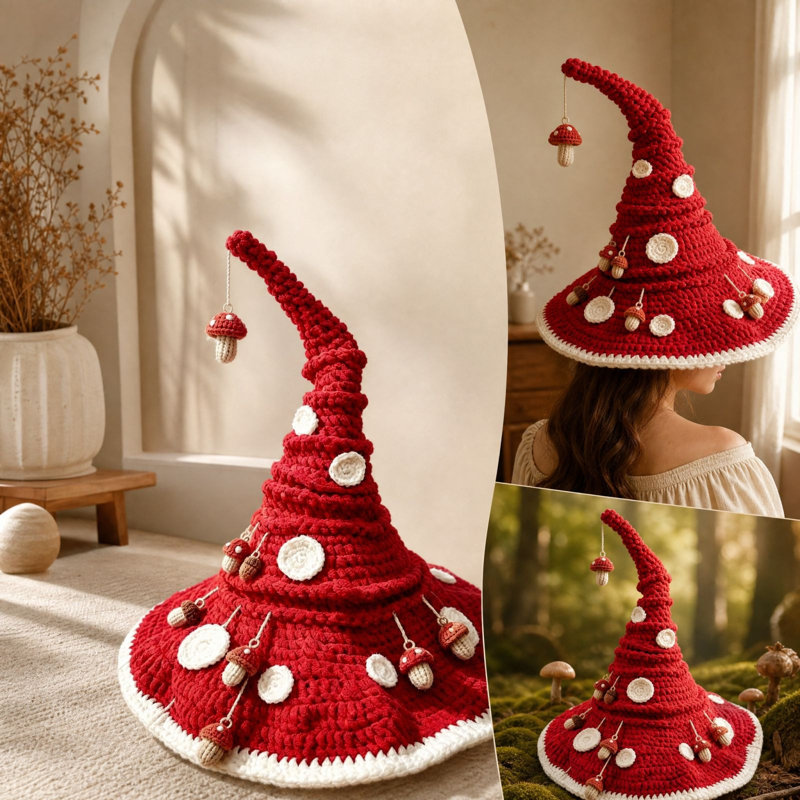 Chapeau de sorcière au crochet violet et doré, accessoire de fête d'Halloween, red