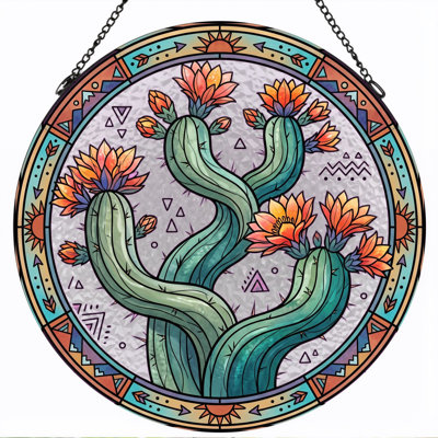Cactus Flower Stained Glass Window Panel，7.8H