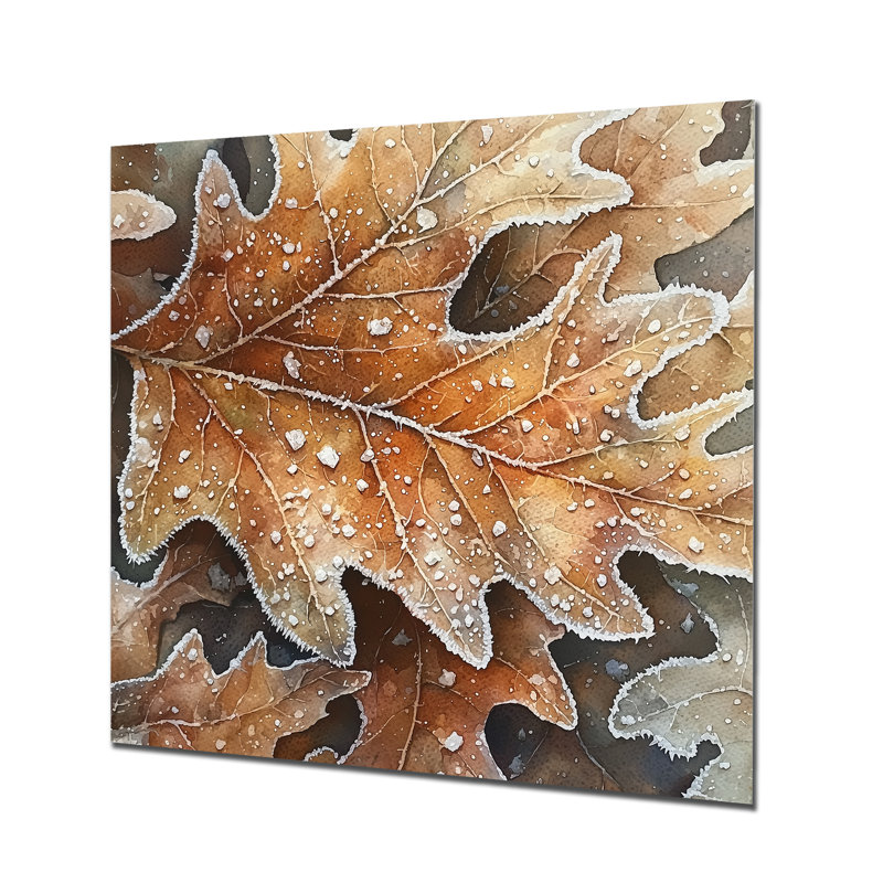 Feuille de chêne Frosty III - impression murale traditionnelle en métal, feuilles, décoration murale en métal