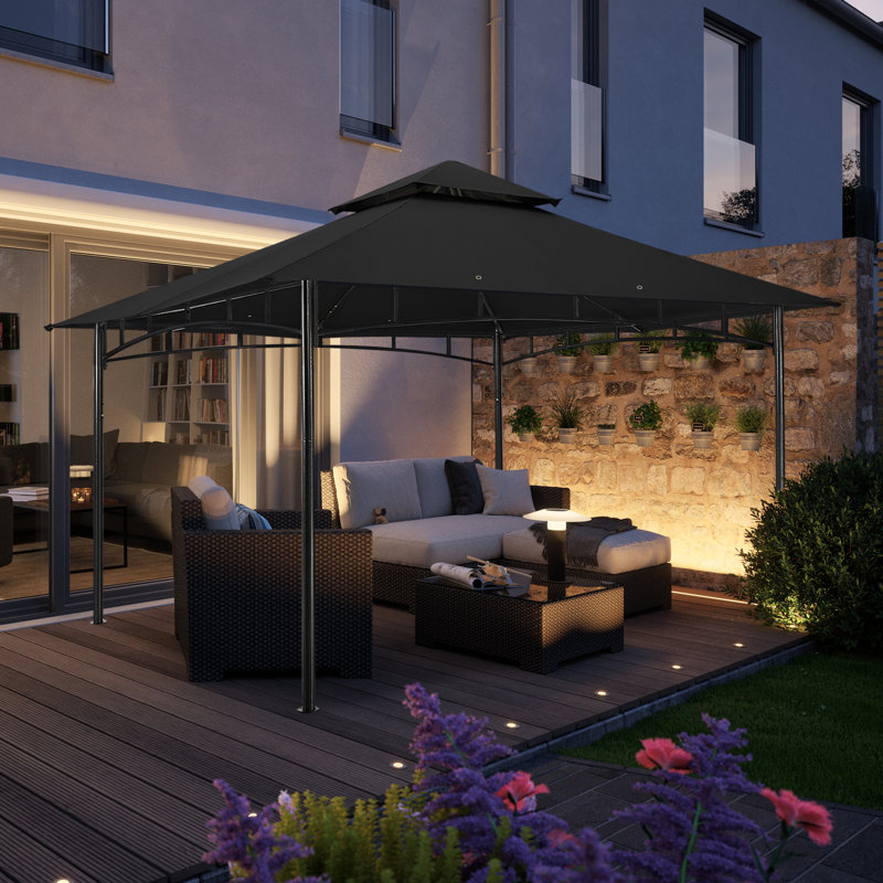 Black Steel Patio Gazebo with Polyester Roof, 9x9 ft