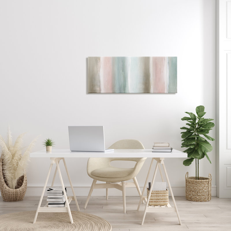 Abstrait flou rayé vert pastel doux par Nan - reproduction d'art, H 17 po x l 40 po, Toile tendue