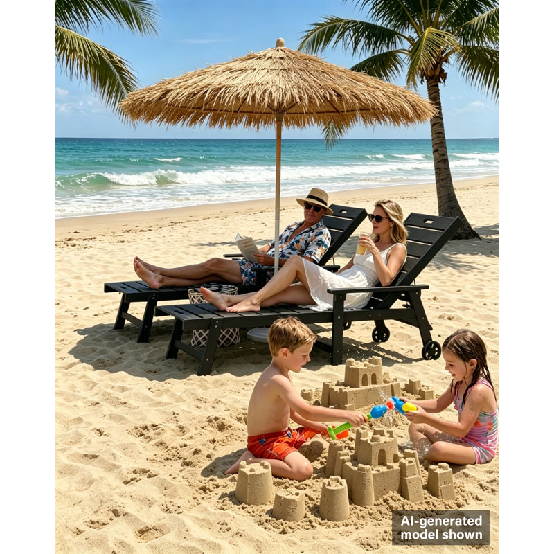 Outdoor Chaise Lounge Chair All Weather HIPS Patio Lounge Chair with 5-Level Adjustable Backrest Built-in Cup Holder and Rolling Wheels, Suitable for Outdoor, Patio, Party Scenes, Black