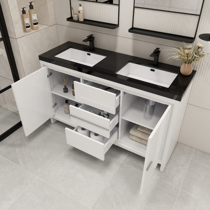 Ensemble de meuble-lavabo double 60 po Bayyinahi, Blanc très luisant