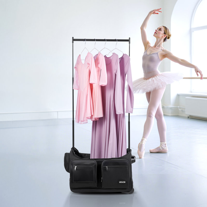 Sac de danse avec portemanteau, sac de danse à roulettes 23 pouces, avec roues, port USB, portemanteau réglable en hauteur, rideau de protection de la vie privée, idéal pour les voyages et les compétitions, noir mat