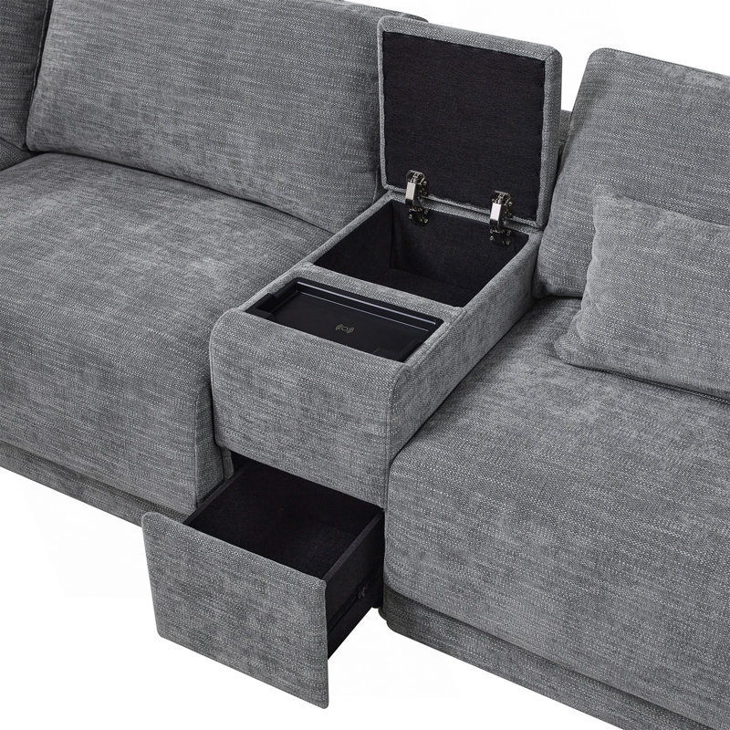Canapé modulaire en chenille de 124 po en L avec charge USB, console de rangement et repose-pieds mobile pour un confort et une flexibilité ultimes.