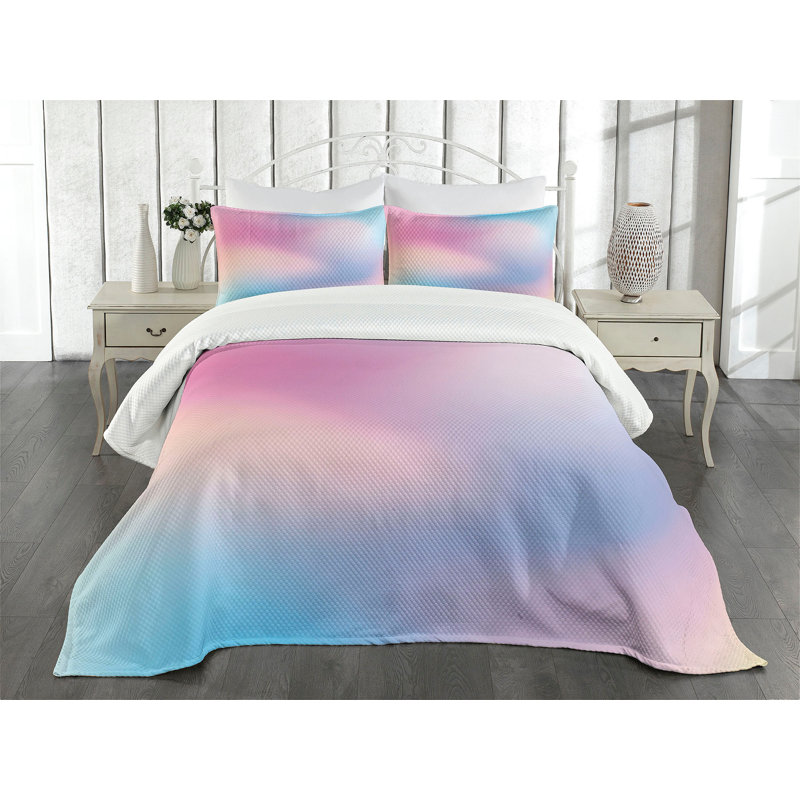 King Size Blue and Pink Quilted Bedspread Set