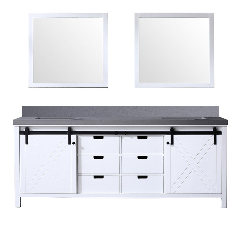 Meuble-lavabo blanc avec comptoir en quartz gris Robinet à large entraxe avec miroir double