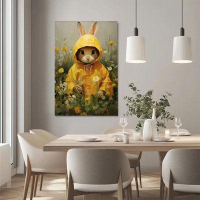 1Pc Easter Framed Canvas Poster Print Little rabbit, yellow raincoat, wildflower meadow, realistic oil painting style Wall Art - Ready To Hang - Modern Christian Decor, Perfect for Room Decor Living Room Bedroom Office Religious Home Decor, Bible Art