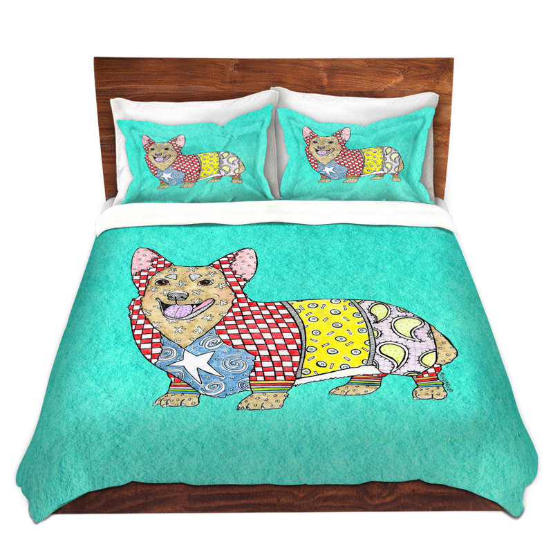 Ensemble de housse de couette corgi dog, 1 housse de couette grand + 2 taies standards, Vert clair / jaune