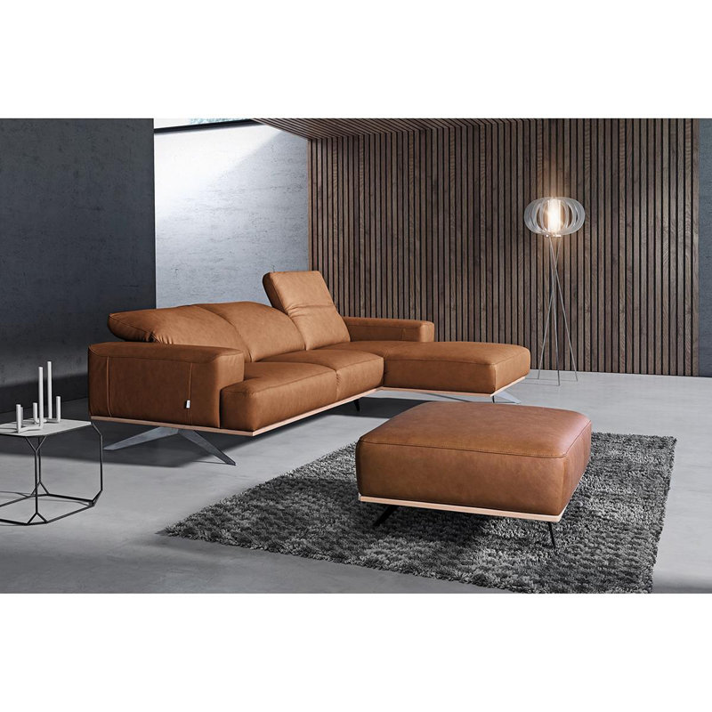Edeltraut Genuine Leather Corner Sofa with Wooden Frame, Right Hand Facing, Cognac