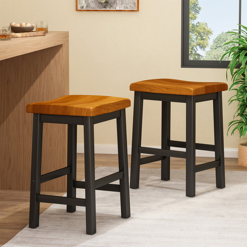 Wood 24" SADDLE STOOL, Walnut/Black, Counter Stool (24" Seat Height)