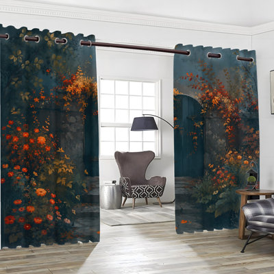 2 pièces de rideaux occultants avec œillets, tissu imprimé de scène florale enchanteresse de jardin, couvre-fenêtres isolants thermo-isolants qui réduisent le bruit avec protection de la vie privée, décoration intérieure pour la cuisine du salon