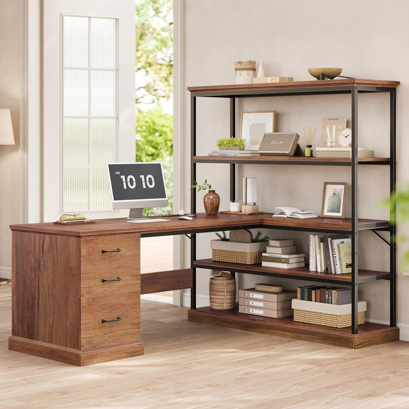 57.1" L Shaped Computer Desk with Storage, Brown