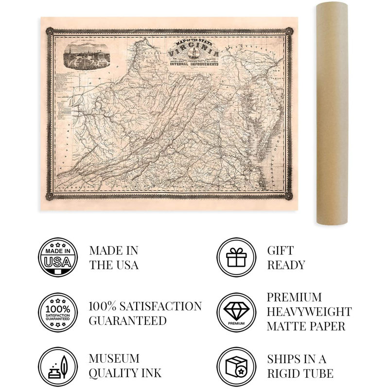 «1862 Virginia Map», affiche sur papier, H 24 po x l 36 po x P 0,1 po