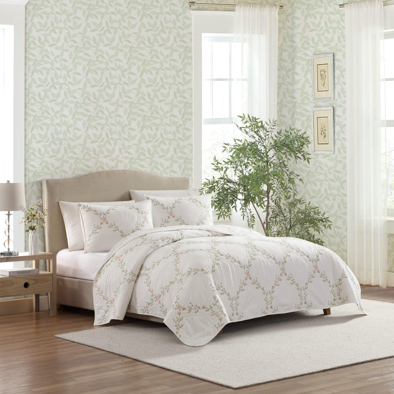 Laura Ashley Floral Embroidery Cotton Reversible Quilt Set, Twin Quilt + 1 Standard Sham, Pink Floral