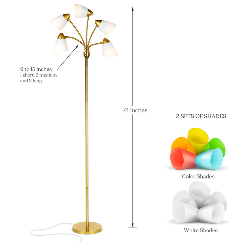 Medusa 74 in. Modern 5-Light Height Adjustable Gooseneck LED Floor Lamp with 5 Cone Shades, Brass