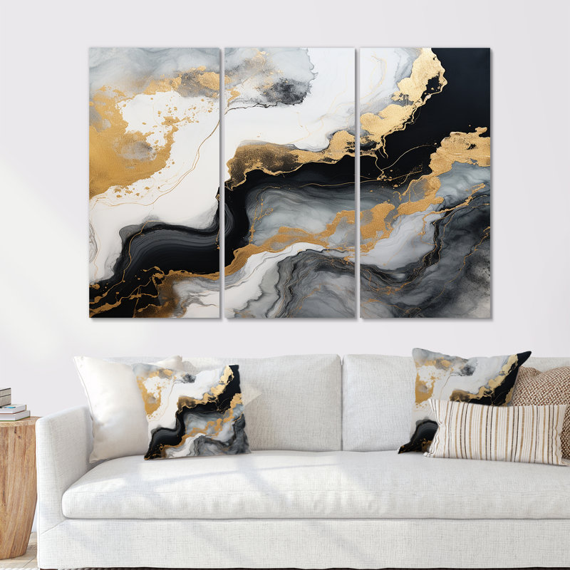 Glam Gold Flows - ensemble d'art mural en marbre noir, Toile tendue, H 32 po x l 48 po x P 1 po