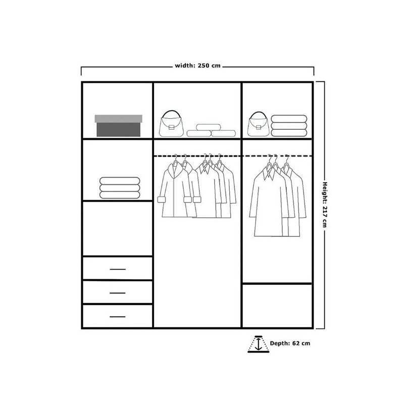Moscow Sliding Wardrobe with Mirror Modern Bedroom Wardrobe 4 Colours 3 Sizes, Oak, 217cm H x 250cm W x 62cm D