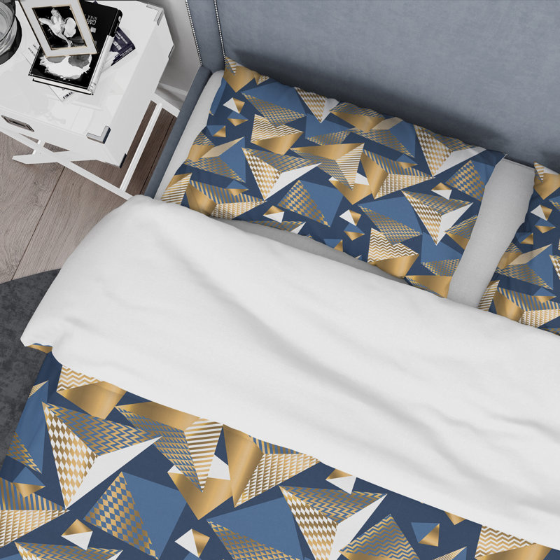 Cubes dorés et bleus - ensemble de housse de couette abstrait Glam - microfibre de polyester