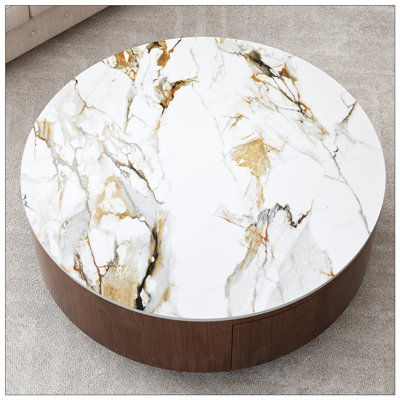 Rustic Round Coffee Table with 2 Drawers and Sintered Stone Top, Modern Living Room Centerpiece