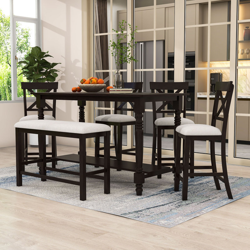 Daylani 6-Piece Dining Set, Counter-Height Dining Table with Storage and Upholstered Chairs and Bench, Espresso