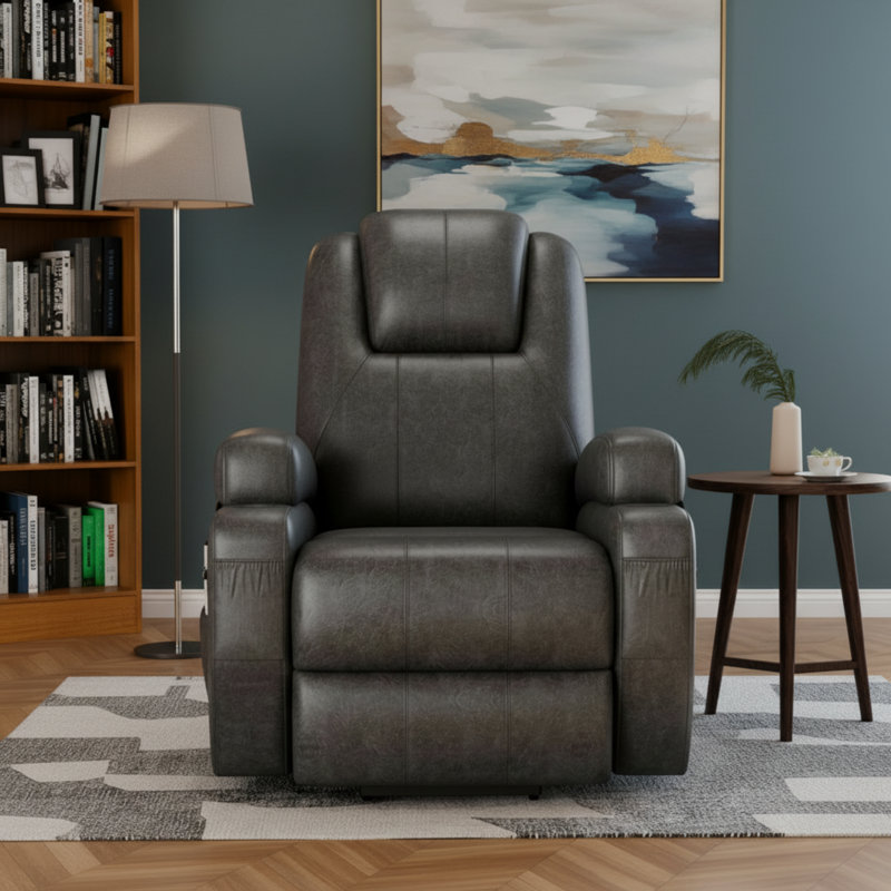 Fauteuil inclinable électrique de massage en cuir véritable, noir, conçu pour les personnes âgées