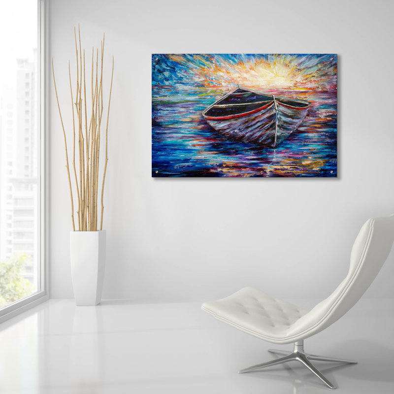 «Wooden Boat At Sunrise» par Lena Owens, H 24 po x l 36 po x P 0,2 po