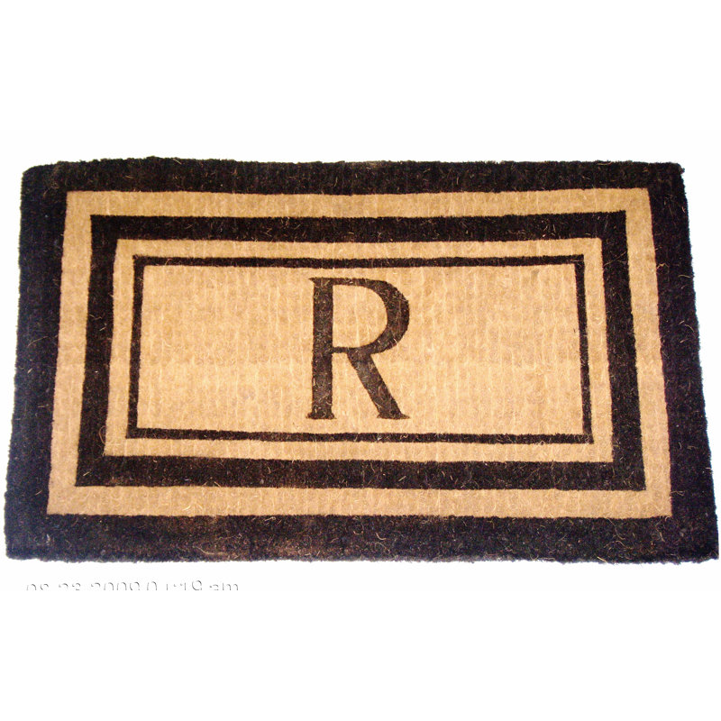 Tapis de porte d’extérieur en fibre de monogramme fait main Stansfield, R, Rectangle 2 pi x 3 pi 3 po