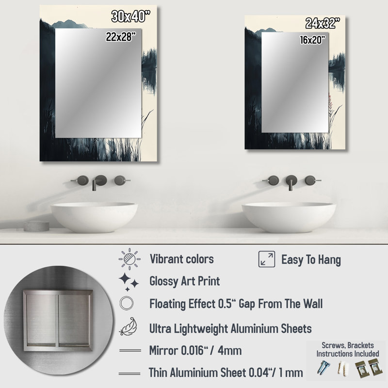 White And Black Silent Ridge - Mountains Unique Mirror, White Large Wall Mirror, Printed Metal Art, 40" x 30"