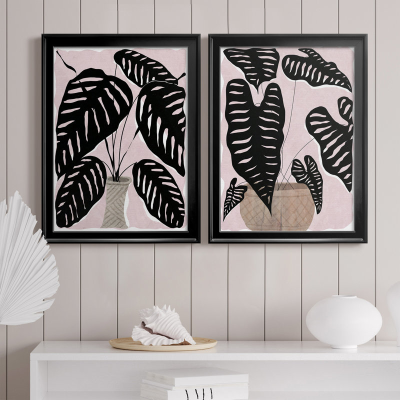 Plante en pot I - ensemble de 2 peintures sur toiles, H 18,5 po x l 49 po x P 1,5 po, Toile encadrée noire