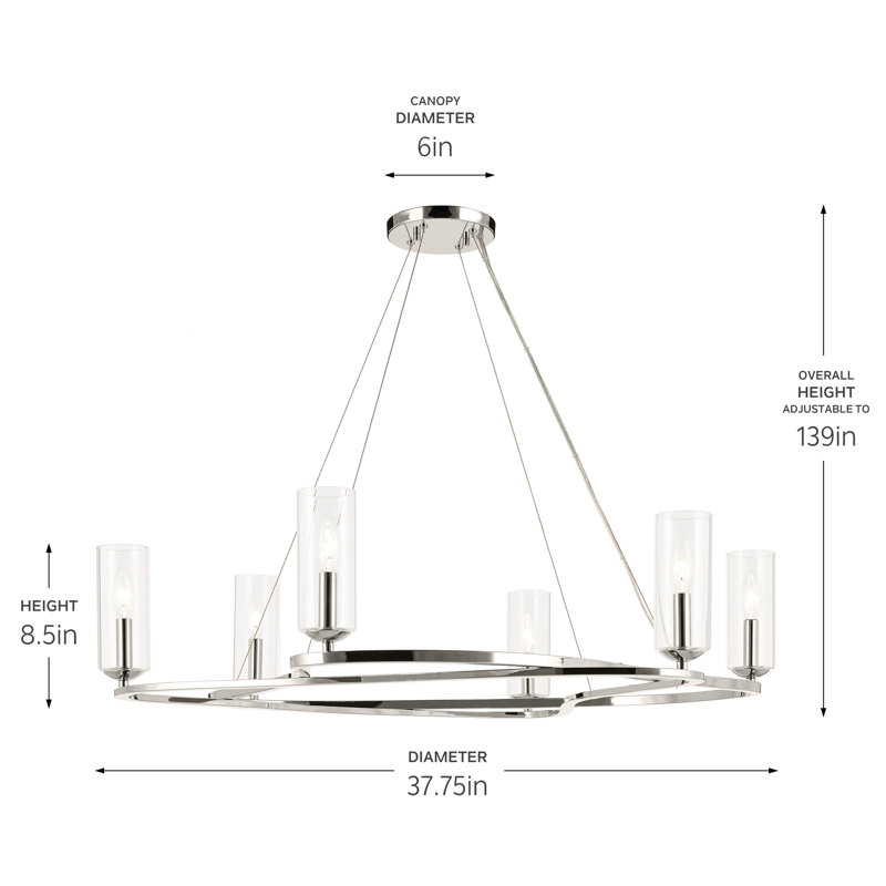 Lustre courbé moderne avec verre cylindrique transparent, 6, Nickel poli, H 8,5 po x l 37,75 po x P 37,75 po