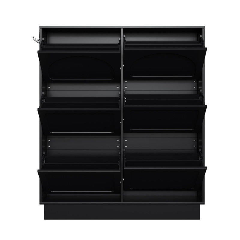 Modern Elegant Narrow Tipping Bucket Shoe Cabinet With 6 Flip Drawers, Space Saving Design, Cream Style Entryway Organizer With Adjustable Shelf, Free-Standing Shoe Rack With 3 Silvery Hooks, Black