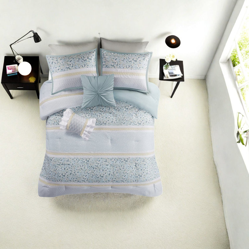 Ensemble de literie pour lit très grand Aqua Seersucker, confort en polyester, élégance campagnarde