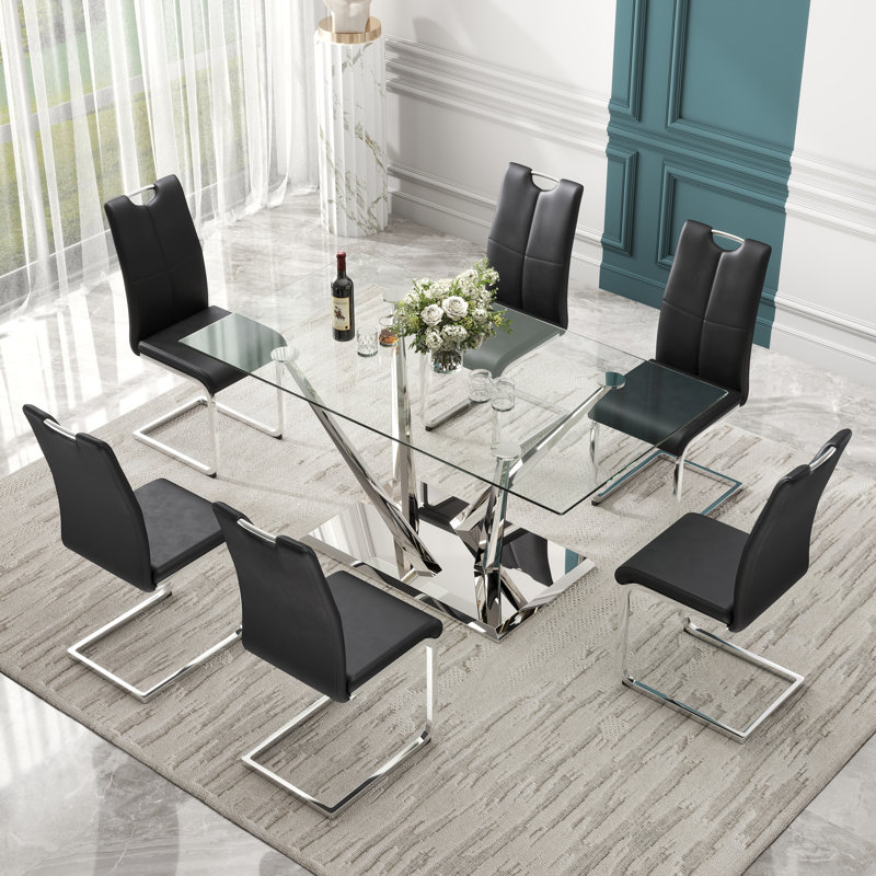 Ensemble de salle à manger rectangulaire à piédestal en verre trempé, 7, Noir, Argent argent