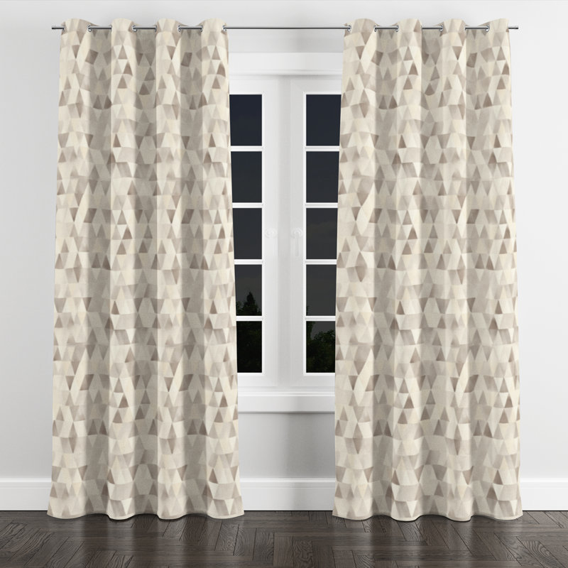 Geometric Window curtains - Modern Triangles Beige Gray Grommet Curtain - 1 Panel, 52" W x 63" L, Silver Grommets