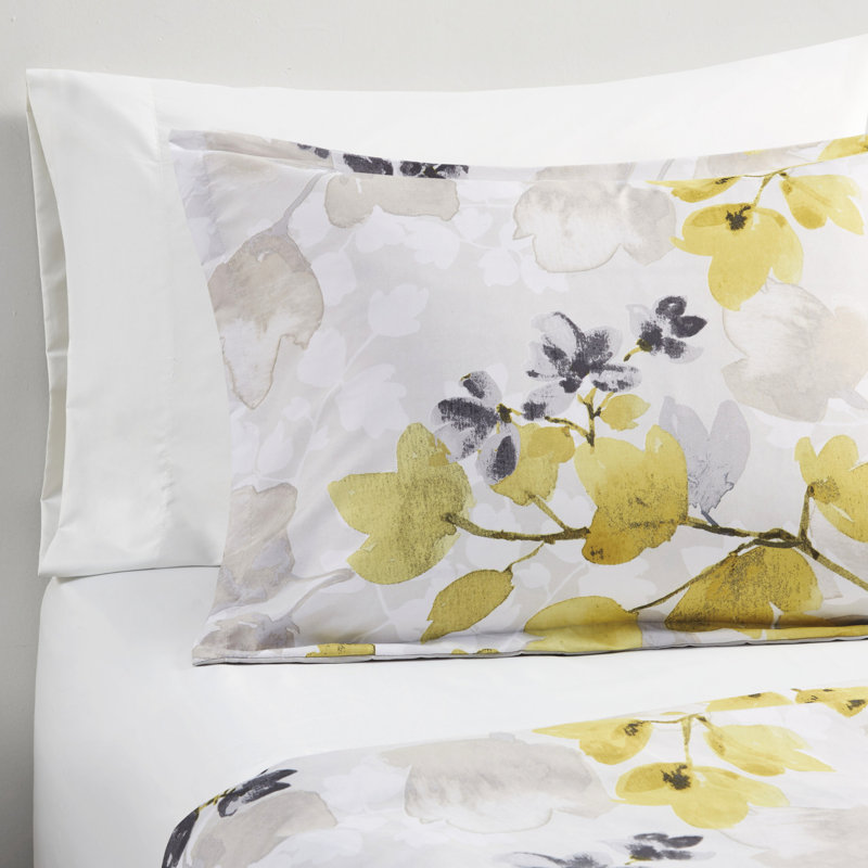 Édredon simple avec draps - thème botanique moderne gris-jaune, Édredon simple et 5 pièces supplémentaires